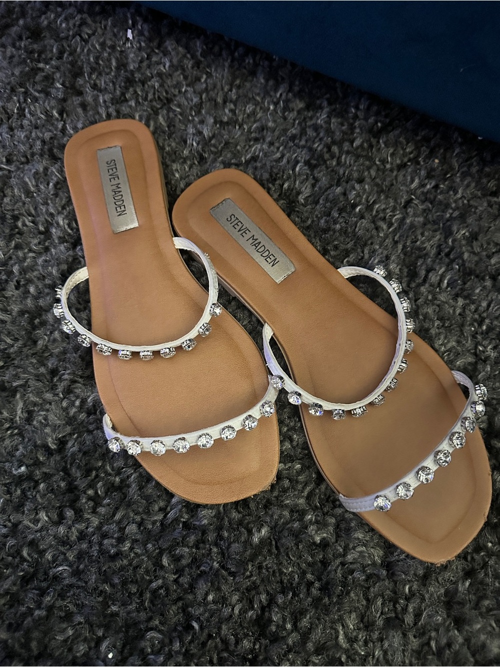 Steve Madden Tan Slide Sandals with Silver Crystal Straps